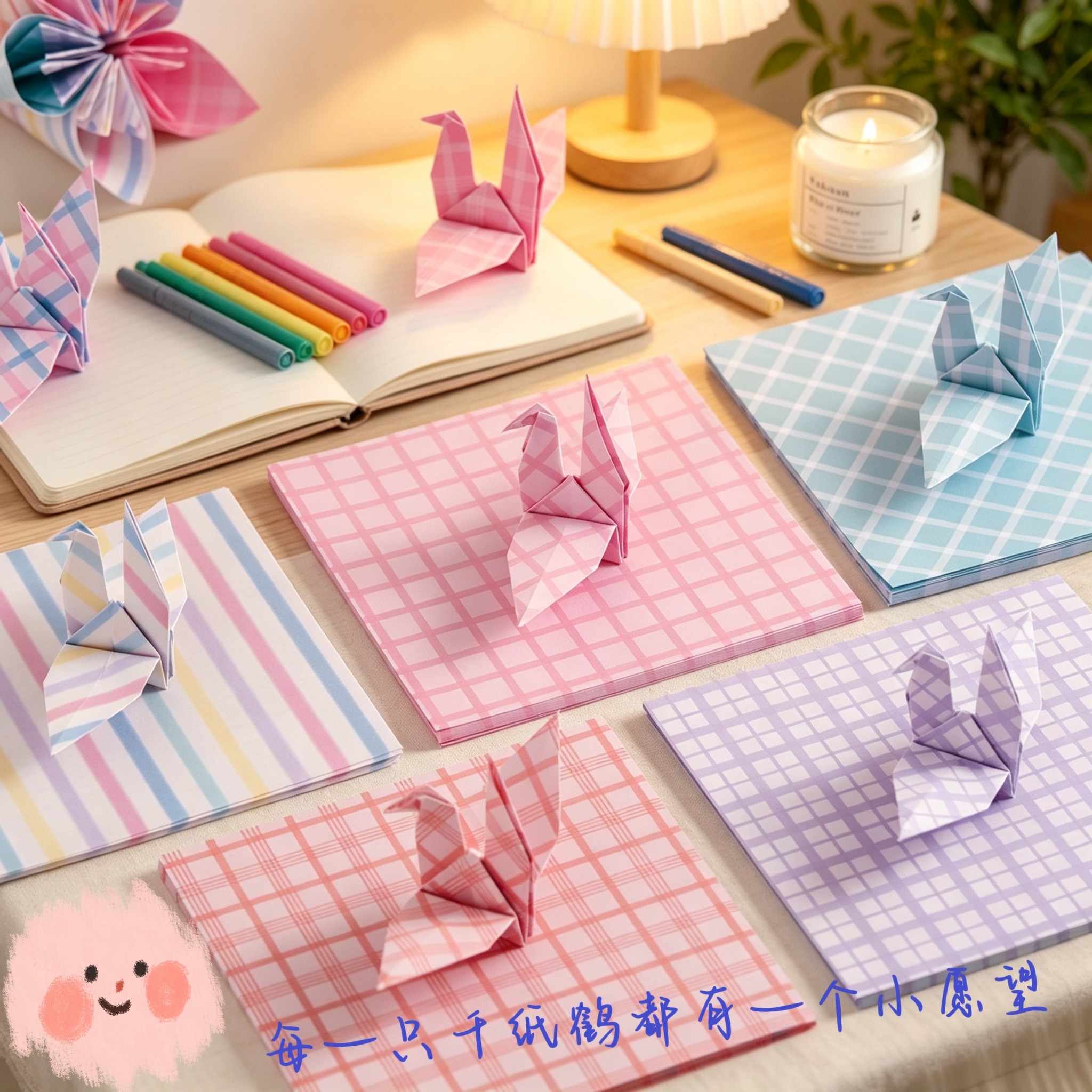 格子条纹千纸鹤折纸ins风 马卡龙色系正方形手工彩纸 学生DIY材料 许愿千纸鹤折纸套装 送闺蜜情侣礼物专用