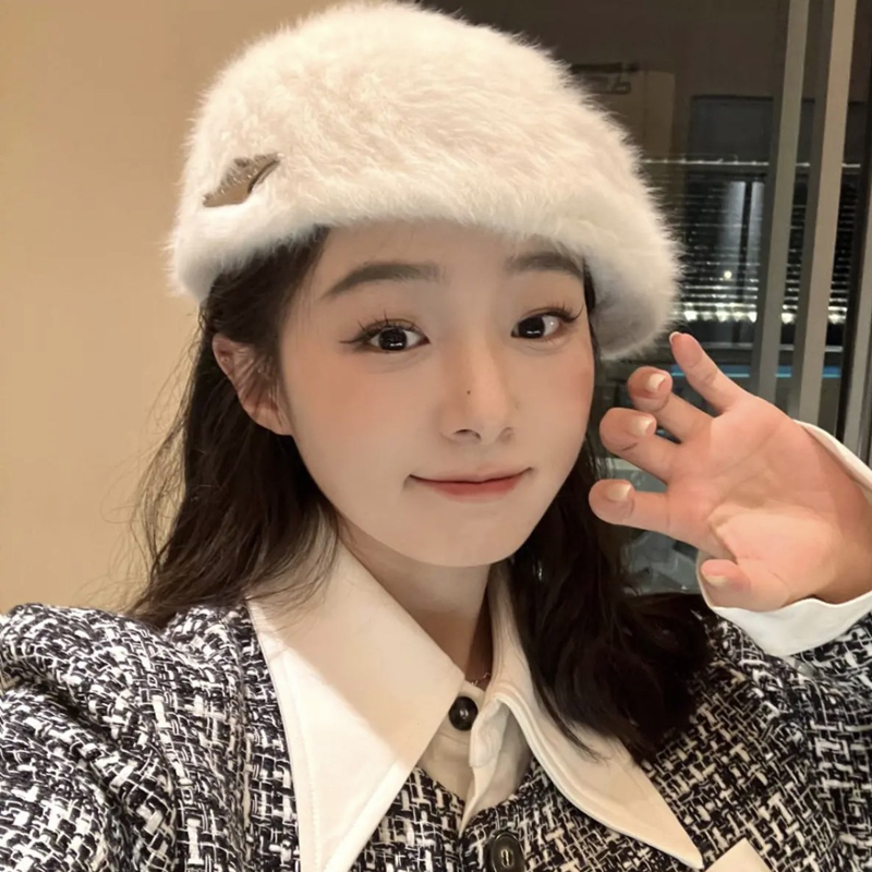 兔毛反戴前进帽日系女秋冬