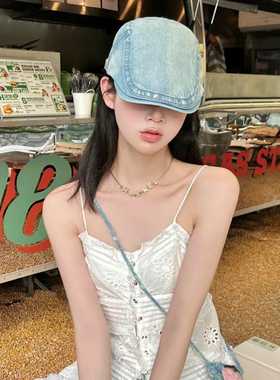 法国蓝色牛仔反戴鸭嘴前进帽子女春秋四季透气小众贝雷帽男鸭舌帽