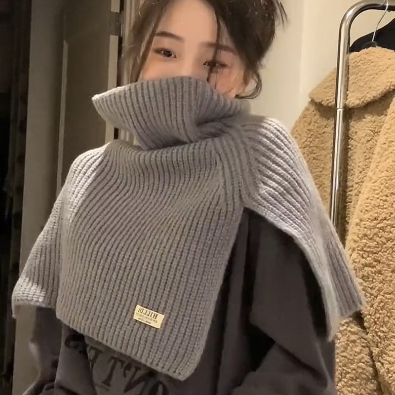 韩系小众设计感高领套头围脖女秋冬针织毛线开叉毛衣披肩保暖脖套