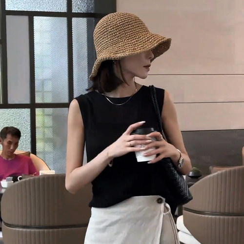 日系夏季度假风草帽编织渔夫帽