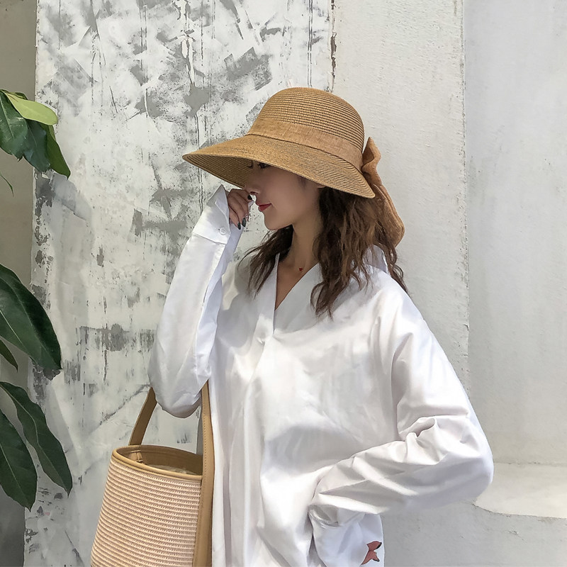 逛街骑车草帽大檐盆帽复古渔夫帽可折叠麻棉蝴蝶结遮阳帽送防风绳