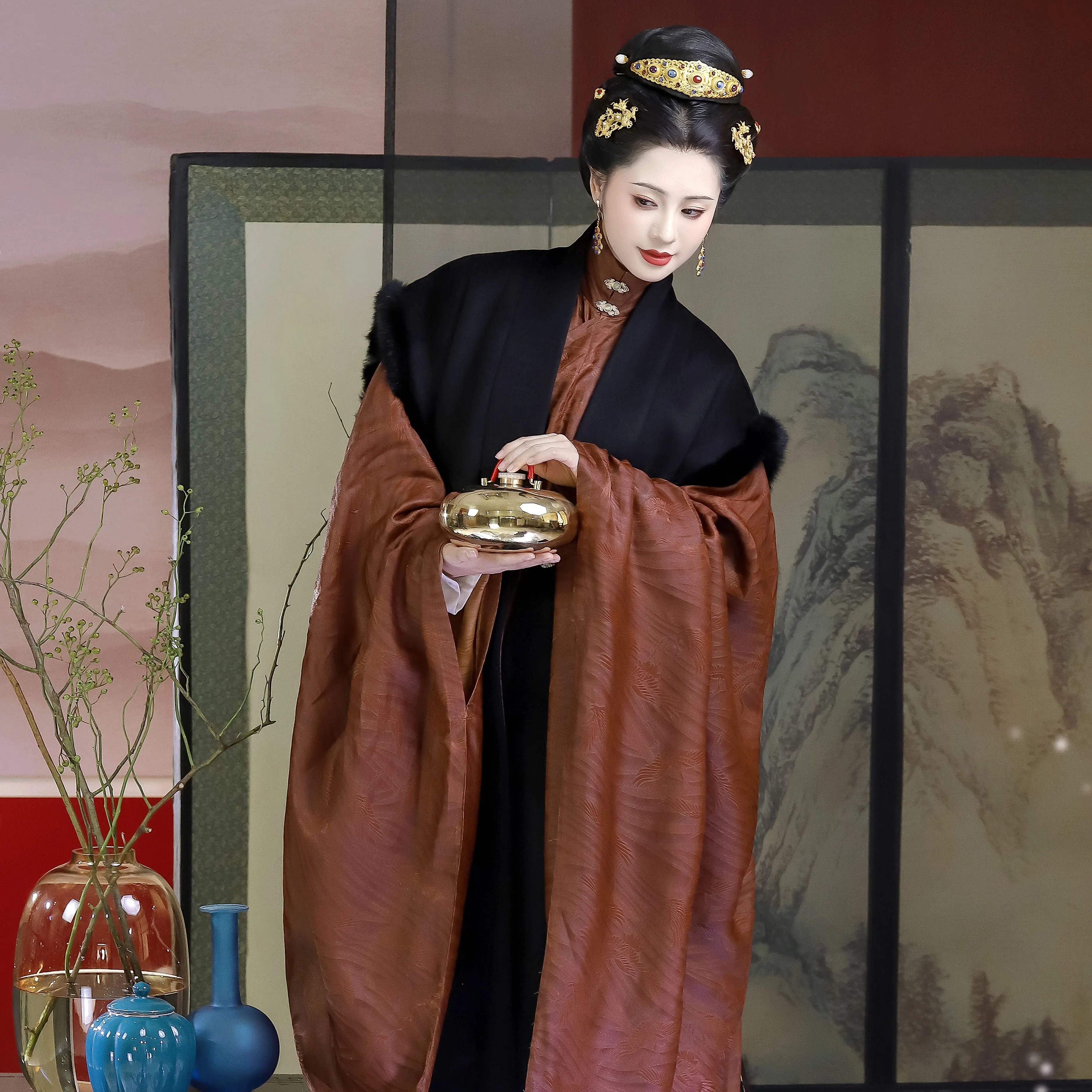 襦一坊|锦堂春 明制秋冬双面呢包肩比甲红云纱立领织锦马面裙汉服
