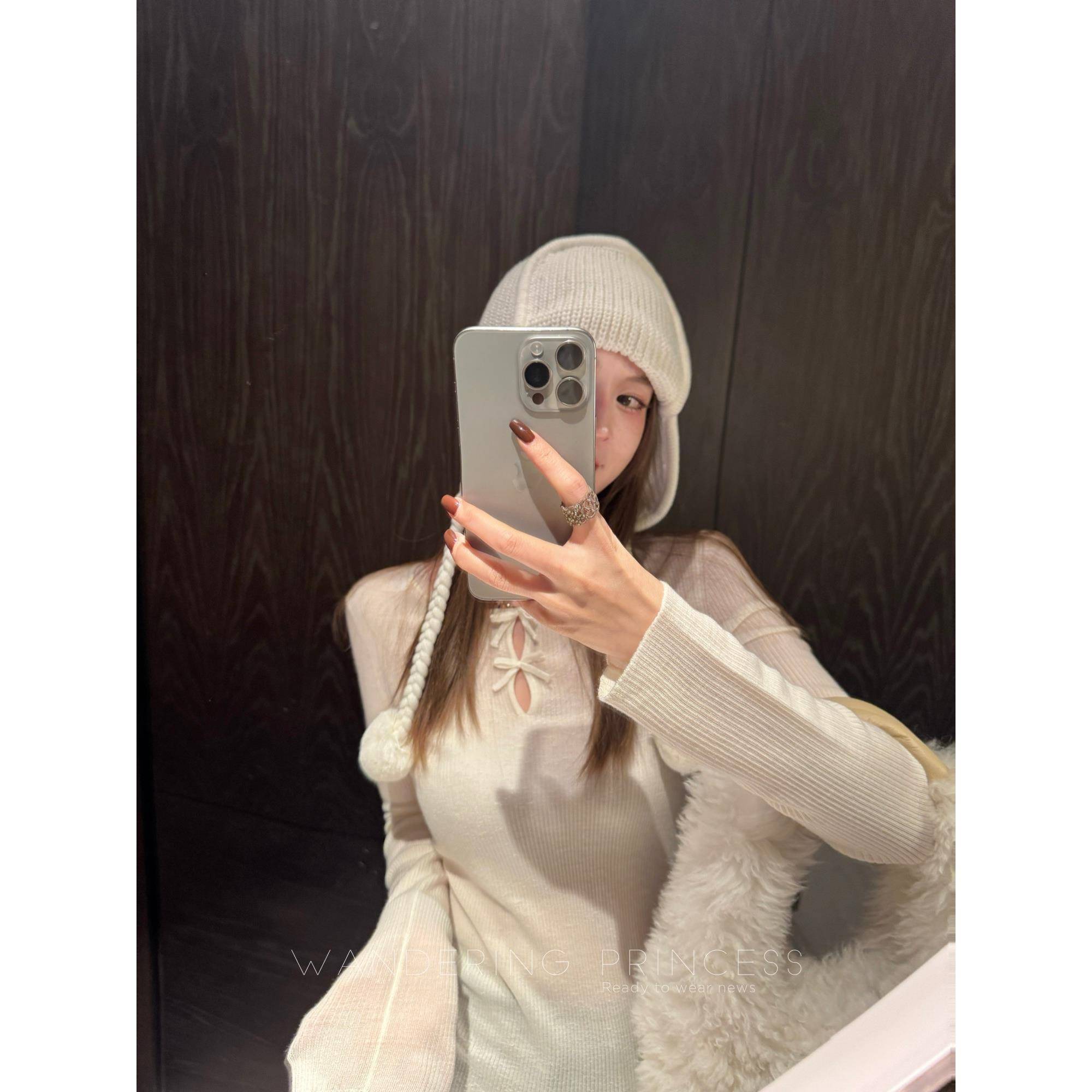 钱美西 可机洗100羊毛16针精纺镂空蝴蝶结针织衫修身显瘦打底上衣