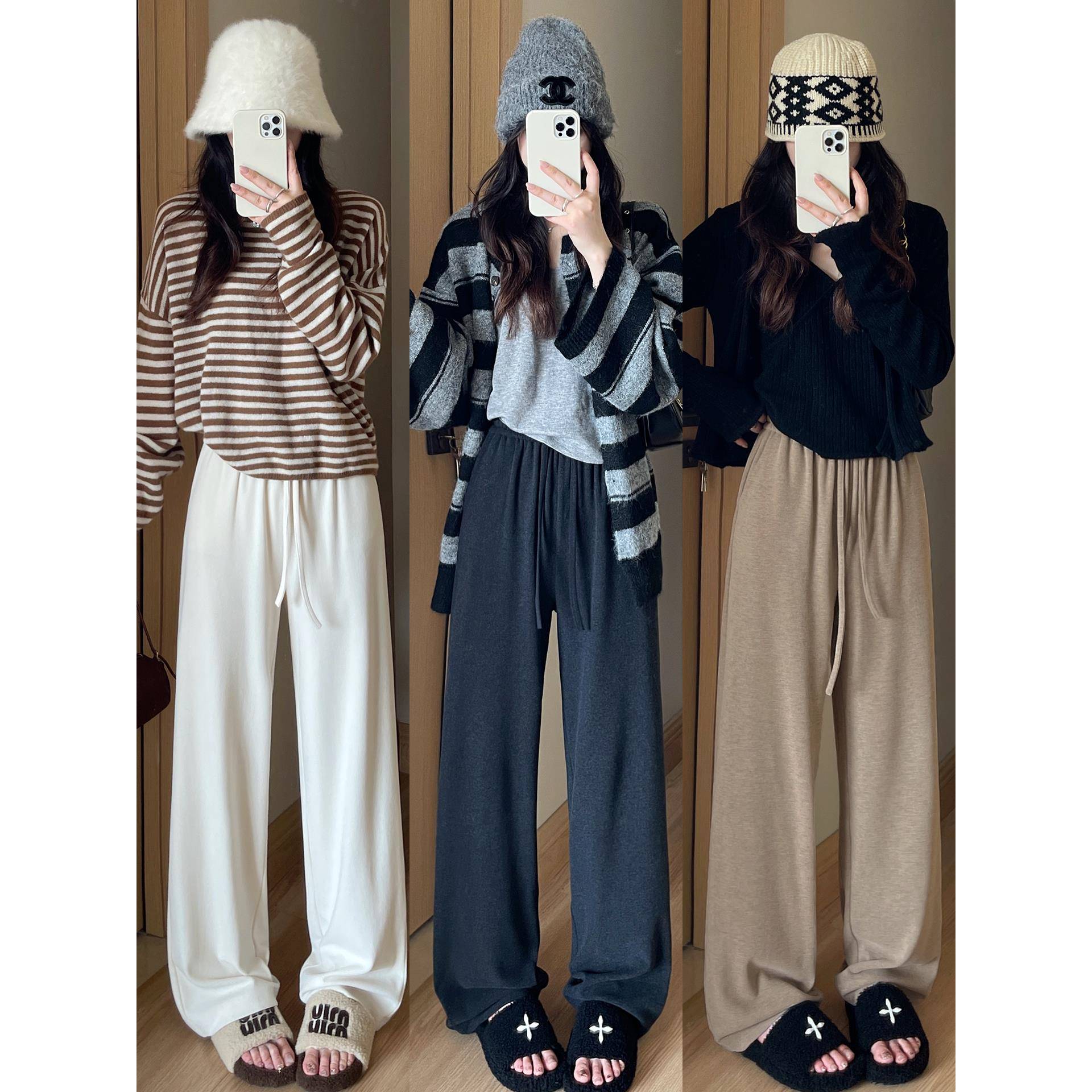 德绒糯米裤女秋冬季松紧腰加绒加厚休闲拖地裤高腰垂感直筒阔腿裤