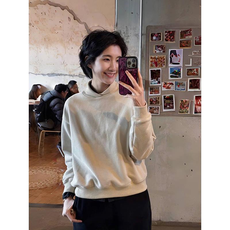 浪清美式复古青果领正肩卫衣女2025秋冬新款女装休闲套头长袖上衣