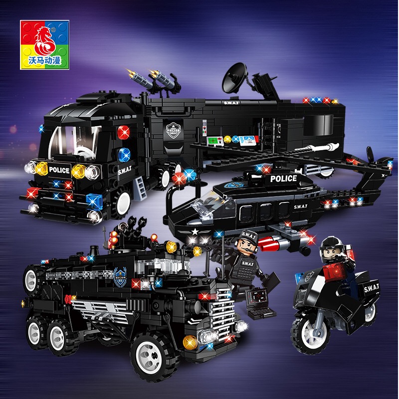 沃马C0518防爆特警战队8合体捍卫者警察突击作战指挥车组装积木6+