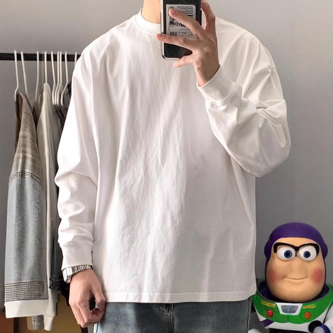300g美式重磅纯棉束口基础款白色秋季圆领打底衫男士内搭长袖上衣