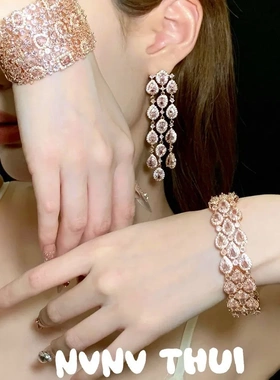 珠宝 华丽复古满镶宝石宽版开口手镯 宴会高定 方钻水滴璀璨手环