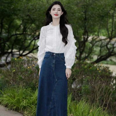 早秋穿搭套装2025小个子韩风chic森系穿搭白色衬衫牛仔半身裙