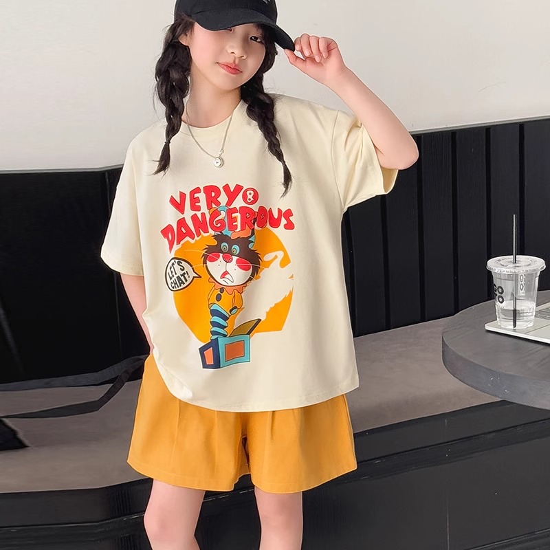 上衣纯棉女童夏季韩版休闲短袖T恤薄款短裤套装中大童初中生洋气