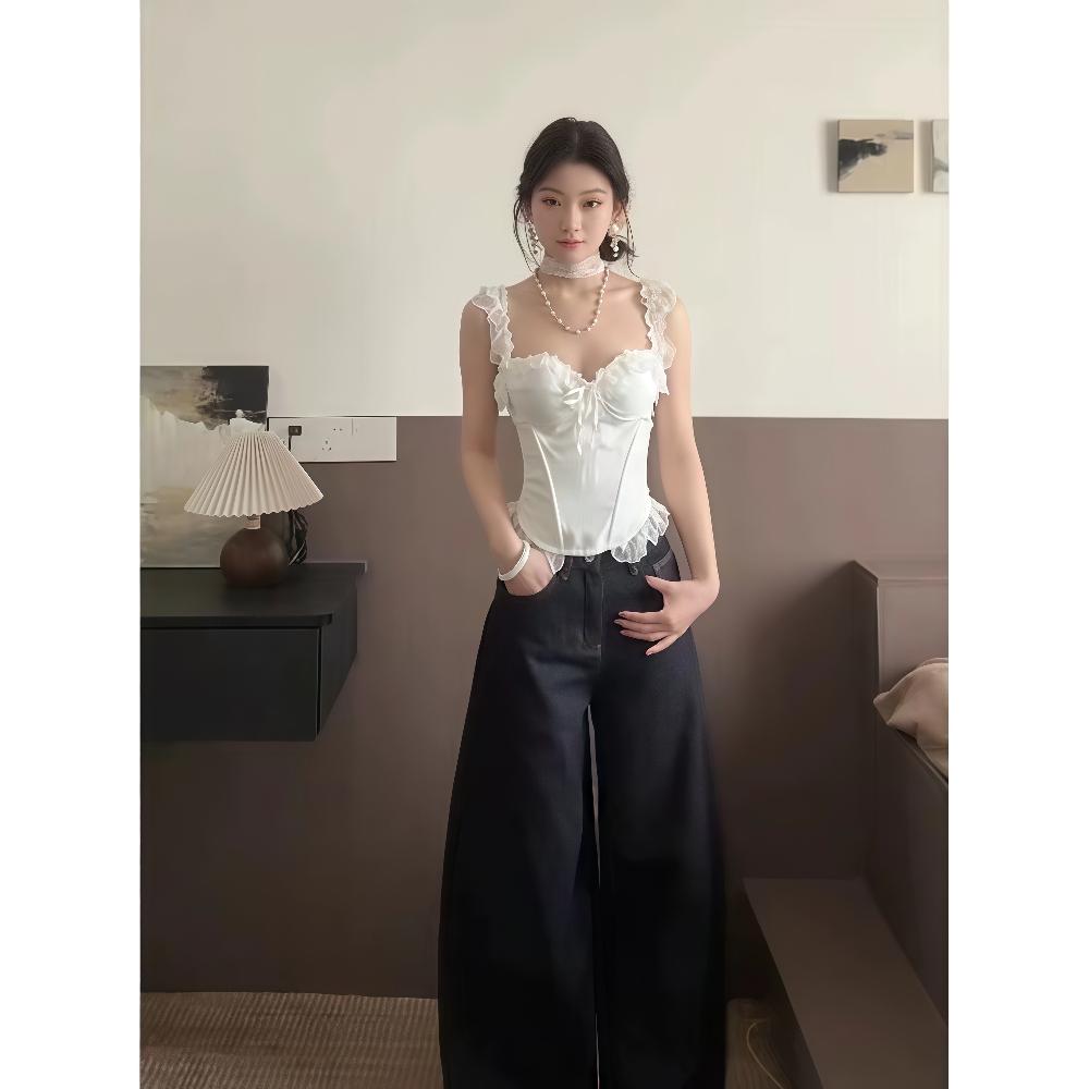 套装女2025夏季新款纯欲风蕾丝修身吊带上衣高腰阔腿牛仔裤两件套