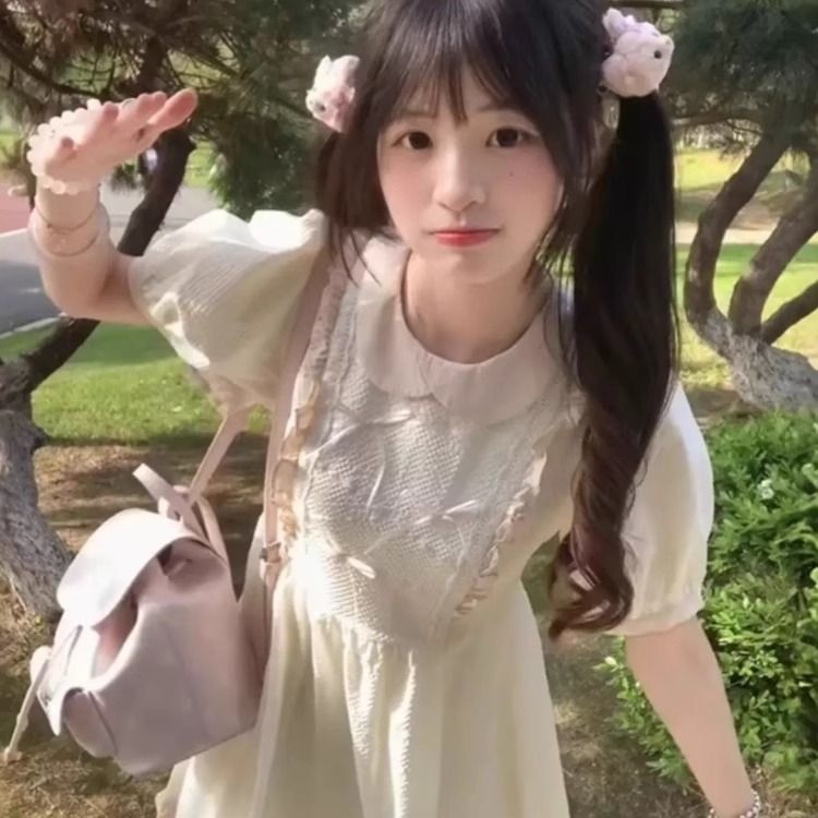 法式初恋温柔风娃娃领连衣裙女夏季新款蝴蝶结绑带收腰公主蓬蓬裙