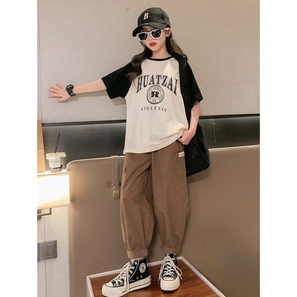 女童夏装套装2025新款韩版女孩拼色短袖网红工装裤中大童两件套潮