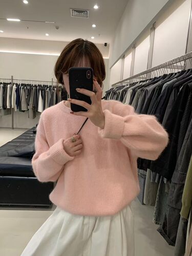LOW FLAT韩系简约圆领套头毛衣女秋冬宽松慵懒风软糯针织衫上衣