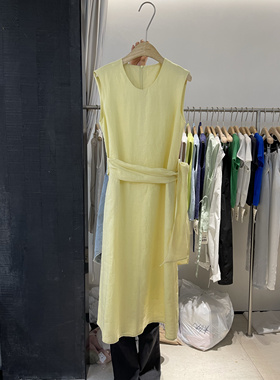 韩代设计感气质腰间绑带无袖背心连衣裙女2025夏季温柔风麻料长裙