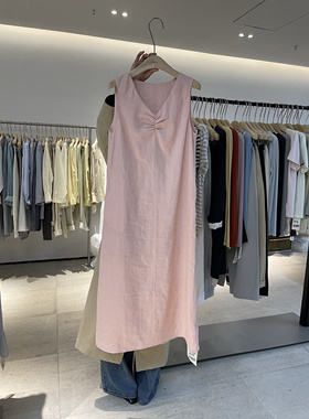 韩代简约V领背心苎麻连衣裙女2025新款设计感洋气宽松显瘦中长裙