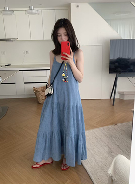 韩代甜美小清新撞色格纹吊带连衣裙女2025新款无袖露肩性感长裙女