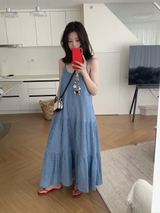 韩代甜美小清新撞色格纹吊带连衣裙女2025新款 露肩性感长裙女 无袖