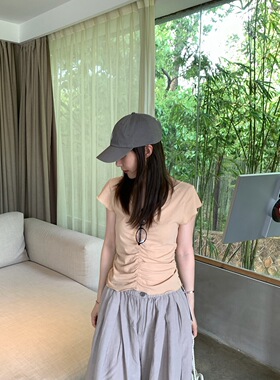 FOCUSE 韩系设计感V领褶皱收腰小飞袖上衣女夏装时髦修身短袖T恤