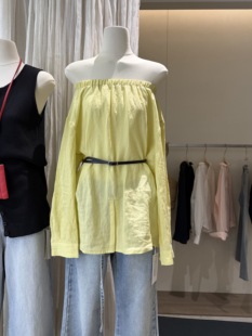 韩系慵懒风一字肩收腰开叉下摆衬衫女亚麻长袖高级感气质显瘦上衣