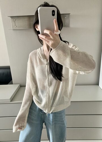 韩系简约连帽亚麻针织开衫女2026新款宽松休闲百搭拉链镂空短外套