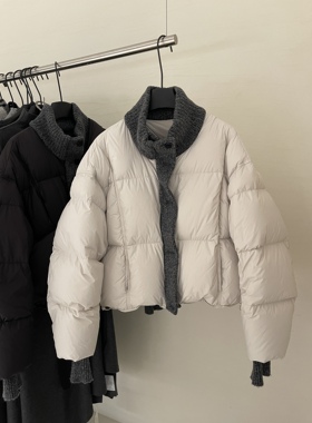 ENJOYABLE韩系设计感针织拼接短款90白鸭绒羽绒服女配包包外套冬