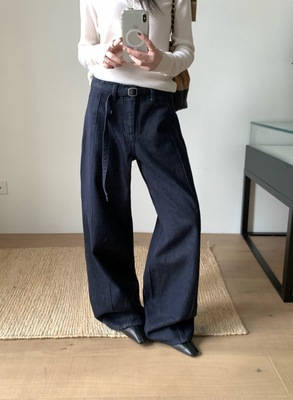 TABLE 韩系复古立体裁剪深蓝色磨毛牛仔裤女高腰显瘦阔腿直筒裤子