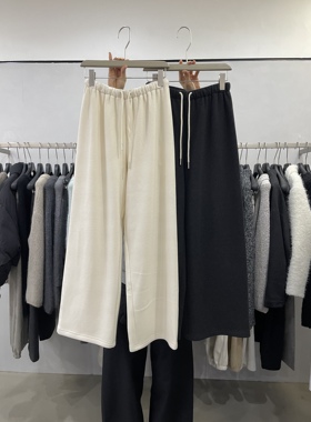 lts steven韩系松紧腰抽绳直筒阔腿裤女加绒宽松糯米休闲垂感长裤