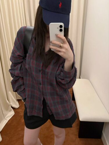 VERSO韩系复古慵懒风撞色红格纹宽松衬衫女2026新款高级长袖上衣
