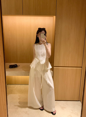 poisooo韩系简约套装花边无袖背心+阔腿裤套装女宽松显瘦两件套夏