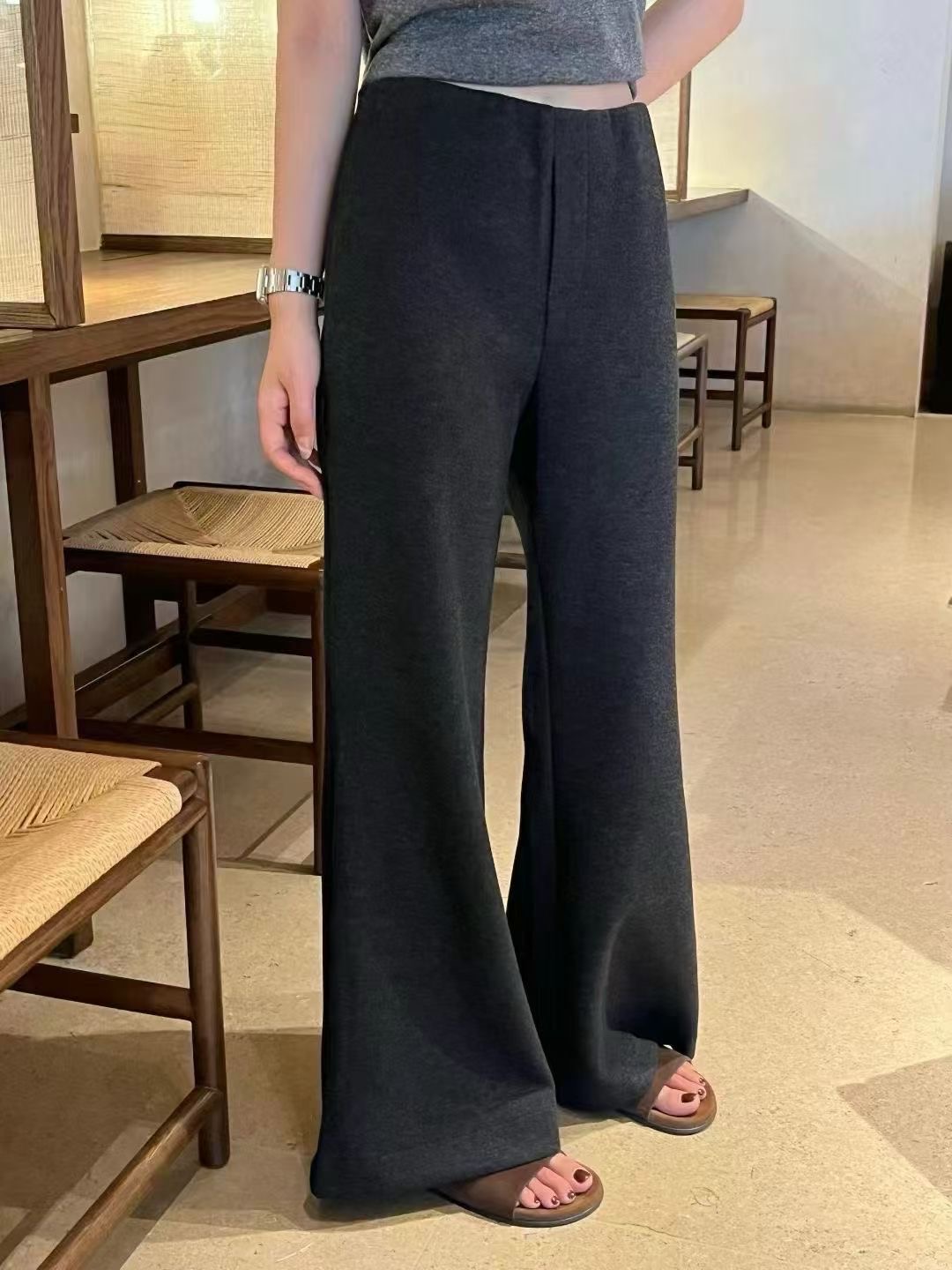 lts steven韩代时髦巨显瘦高腰直筒拖地微喇裤女醋酸绵羊毛长裤女