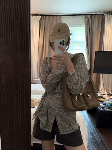 LACHER韩代时髦绑带屁帘格子衬衫女夏装设计感宽松防晒长袖上衣潮