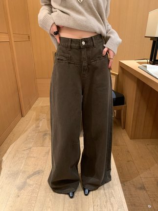 TABLE 韩代复古磨毛直筒阔腿裤女2025新款设计感口袋高腰牛仔裤女