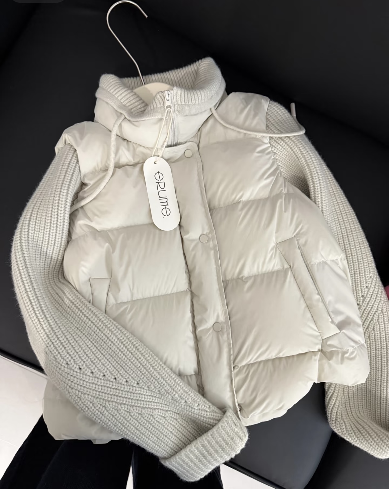 ERUME韩代设计感小立领针织拼接排骨羽绒服女90白鸭绒保暖外套