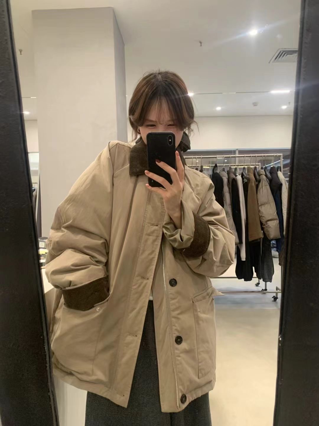 LOW FLAT韩代复古灯芯绒领设计中长款90白鸭绒羽绒外套女2025冬装