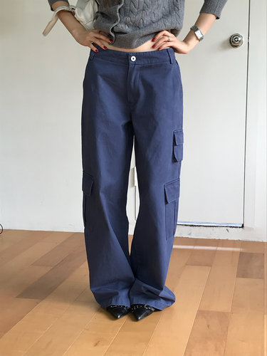 TABLE韩系复古蓝色时髦多口袋工装裤女秋冬高腰直筒阔腿休闲长裤