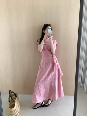 poisooo 韩系温柔风设计感斜肩气质腰封系带连衣裙女2025夏季长裙