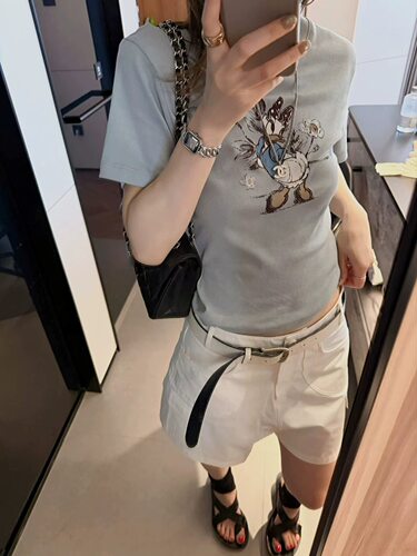 LACHER韩代时髦卡通唐老鸭印花圆领修身短袖T恤女夏装高腰上衣
