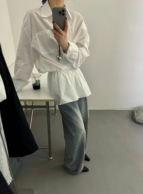 韩代时髦设计感长袖翻领衬衫+屁帘两件套女2025春装时尚宽松上衣