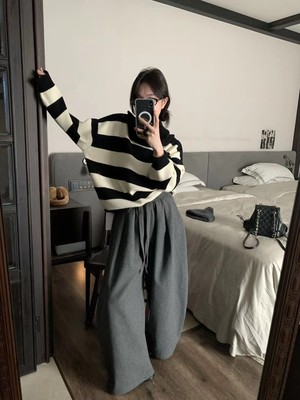 LOW FLAT 韩代慵懒风抽绳羊毛裤女2025秋冬新款时尚弯刀休闲裤潮