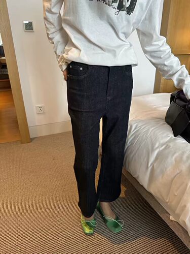 WELOVER 爆款腿精复古水洗墨蓝修身微喇9分裤女直筒显瘦休闲裤潮