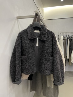 LOW 毛毛短外套 FLAT韩代复古翻领气质羊卷毛皮毛一体外套女2冬装