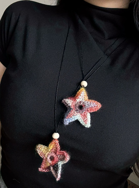 原创纯手工编织毛线复古可爱海星项链独特童趣可爱星星纽扣套装饰