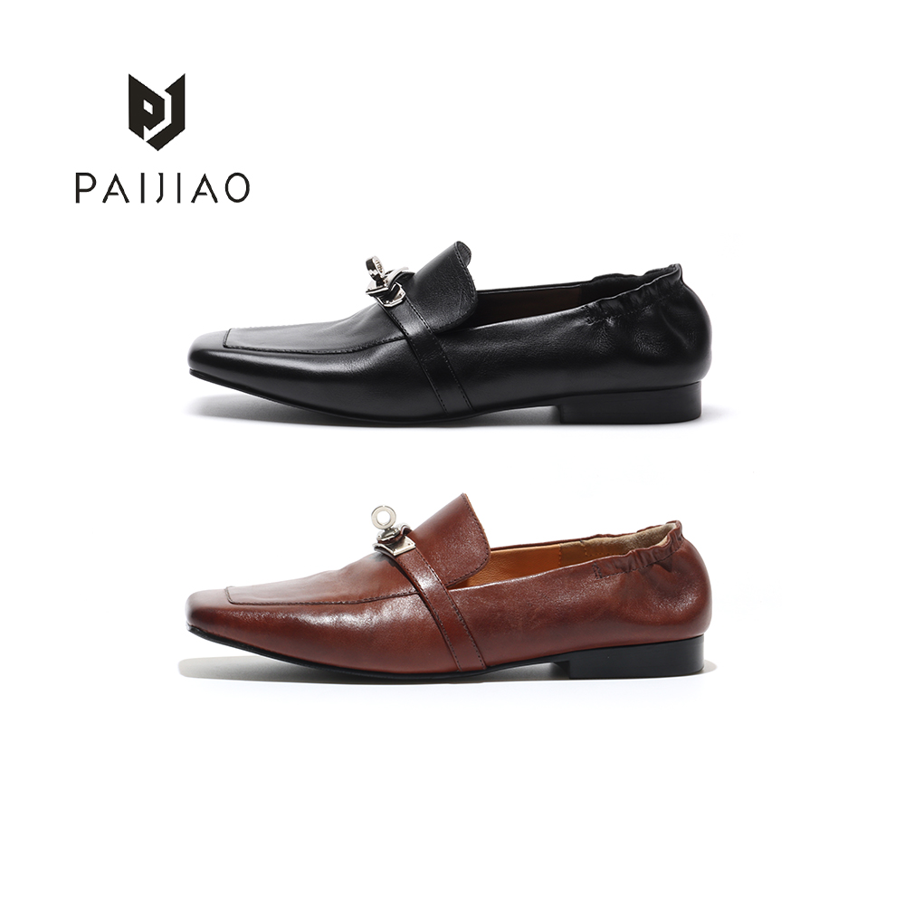 马皮乐福锁扣复古方头单鞋褶皱高端气质一脚蹬小皮鞋女鞋XC800