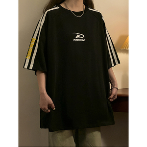 中性夏季2024新款美式高街条杠短袖T恤情侣学生宽松上衣7821-P38