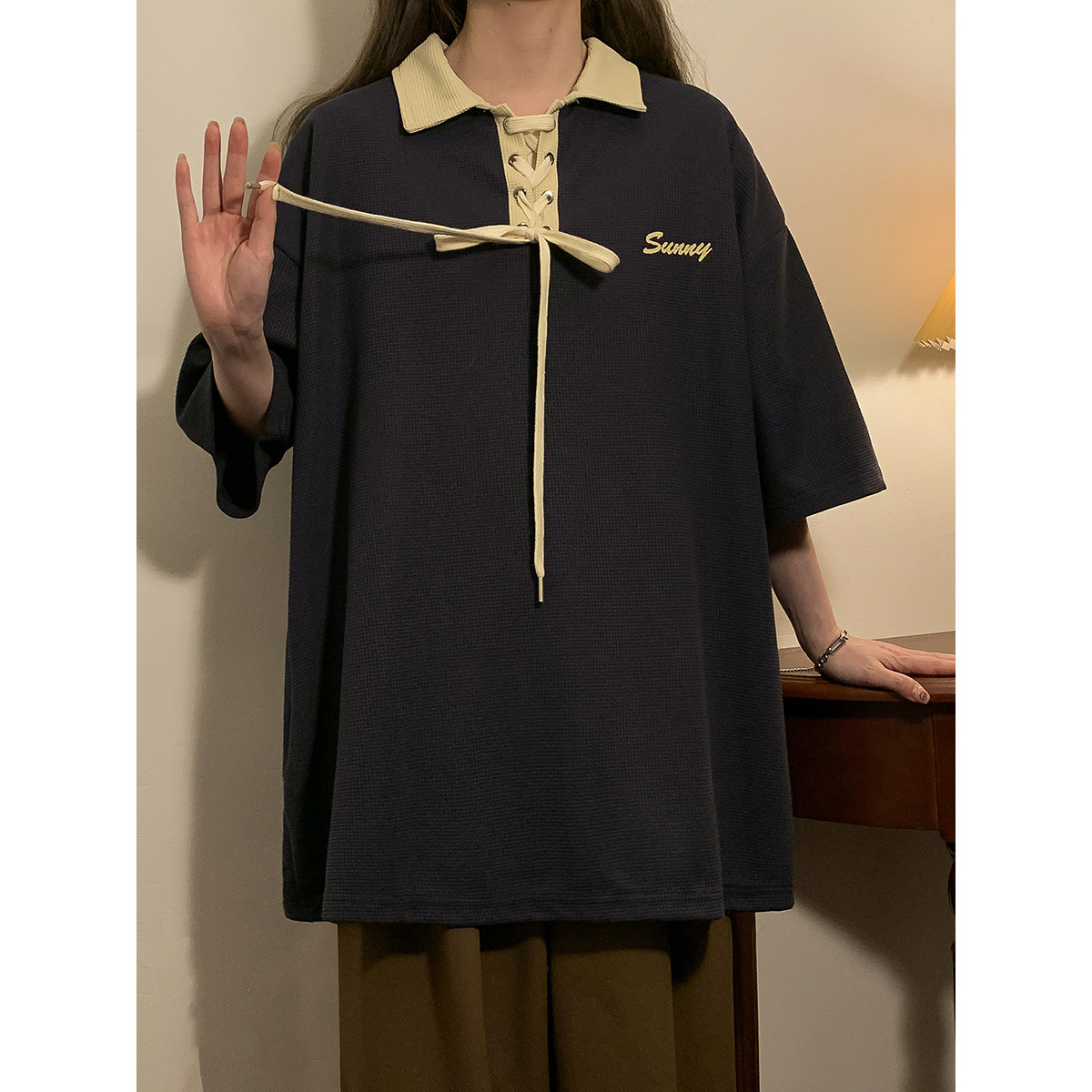 运动服女夏季新款宽松设计感短袖短裤Polo衫港味chic套头上衣,女装衬衫,电商C213(原B265)