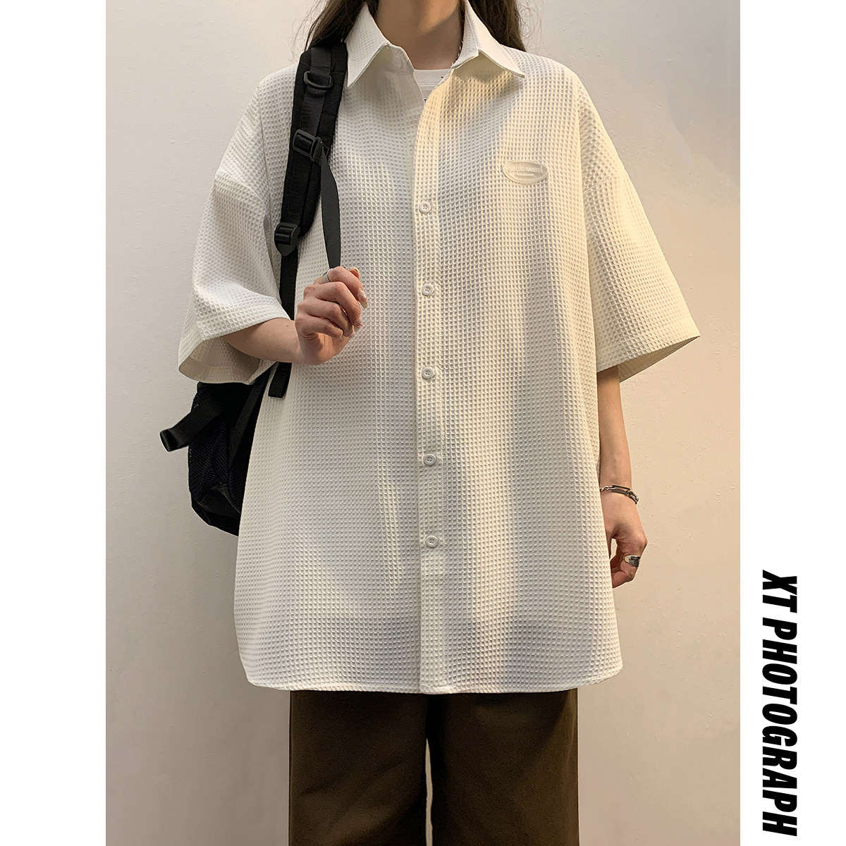 中性风2024年夏季华夫格美式衬衫短袖宽松情侣装Polo女23022-P48,女装衬衫,电商C213(原B265)