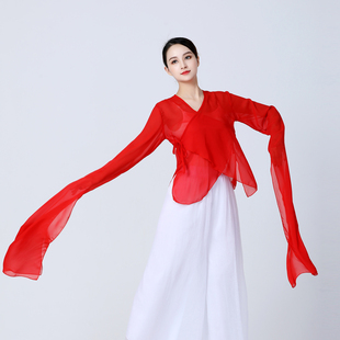 中国风古典舞水袖甩袖舞蹈练功服上衣飘逸采薇惊鸿舞纱衣演出服女