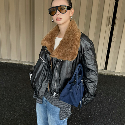 MMFISH时髦街头防风涂层羊毛领短欧美夹克夹棉加厚外套棉服25Y483